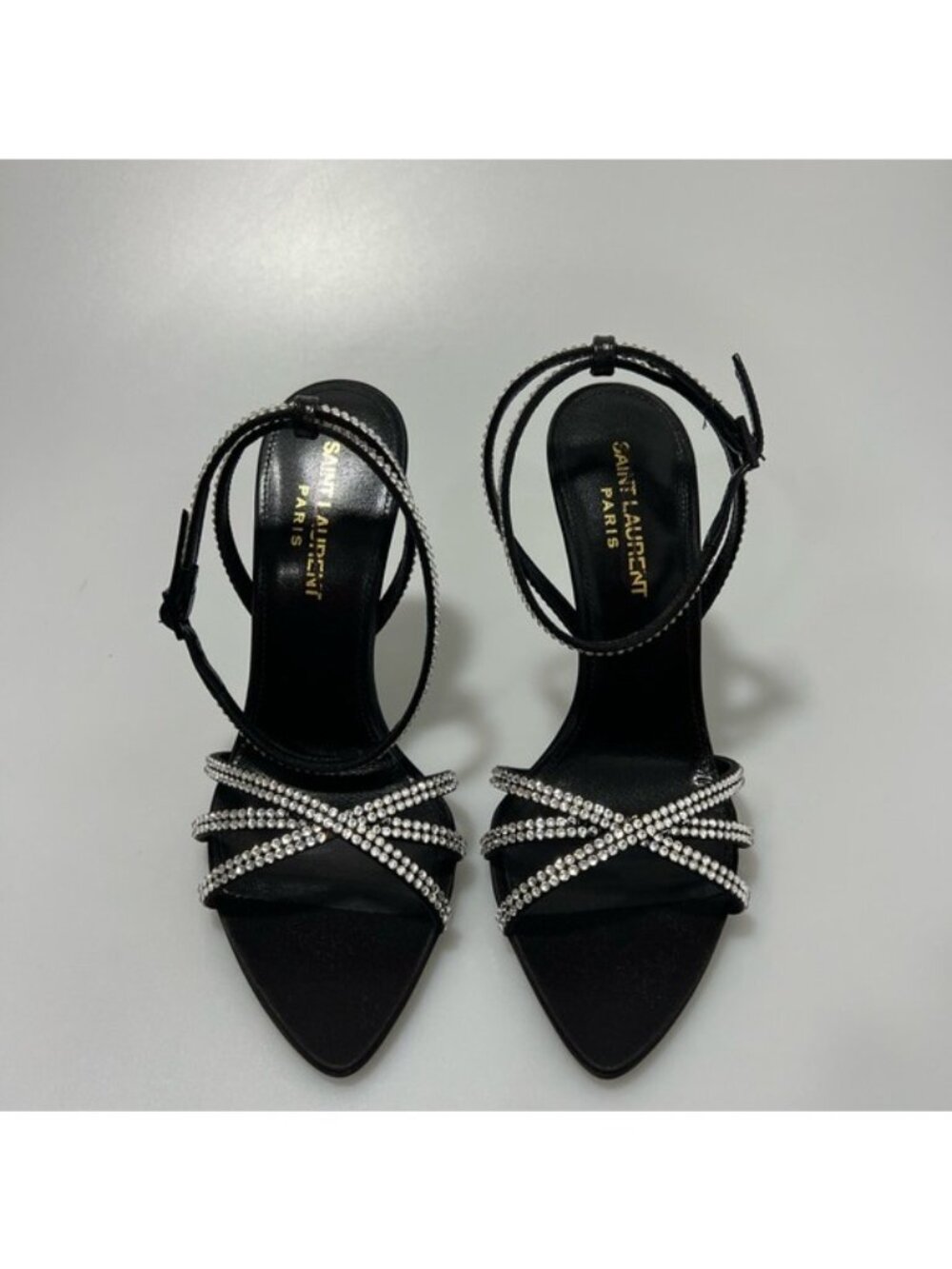 Saint Laurent Ava Sandals Crepe Satin with Rhinestones Black Silver EU 36/US 6 - Picture 2 of 9
